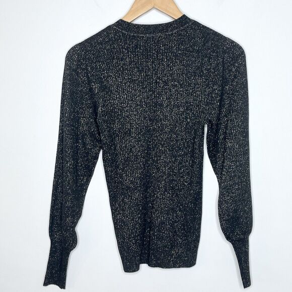 LOFT Metallic Ribbed Sweater Black Women’s XS Bishop Sleeve Sparkly Crewneck - Picture 6 of 6